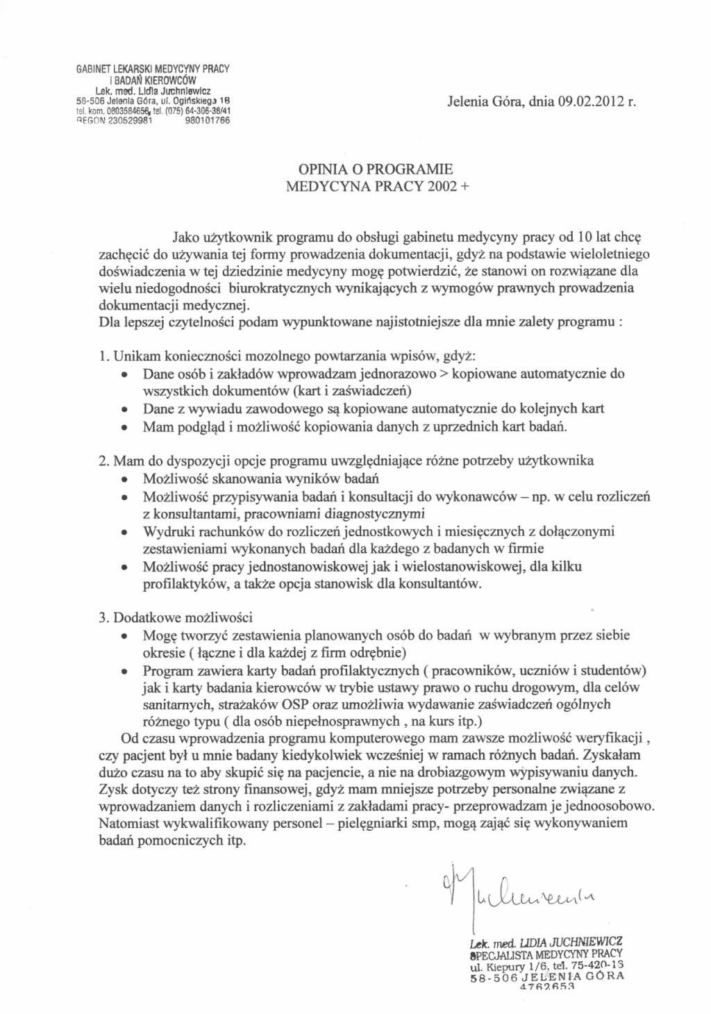 Referencje do programu Medycyna Pracy 2002+ - Gabinet Lekarski i Badań Kierowców Lidia Juchniewicz